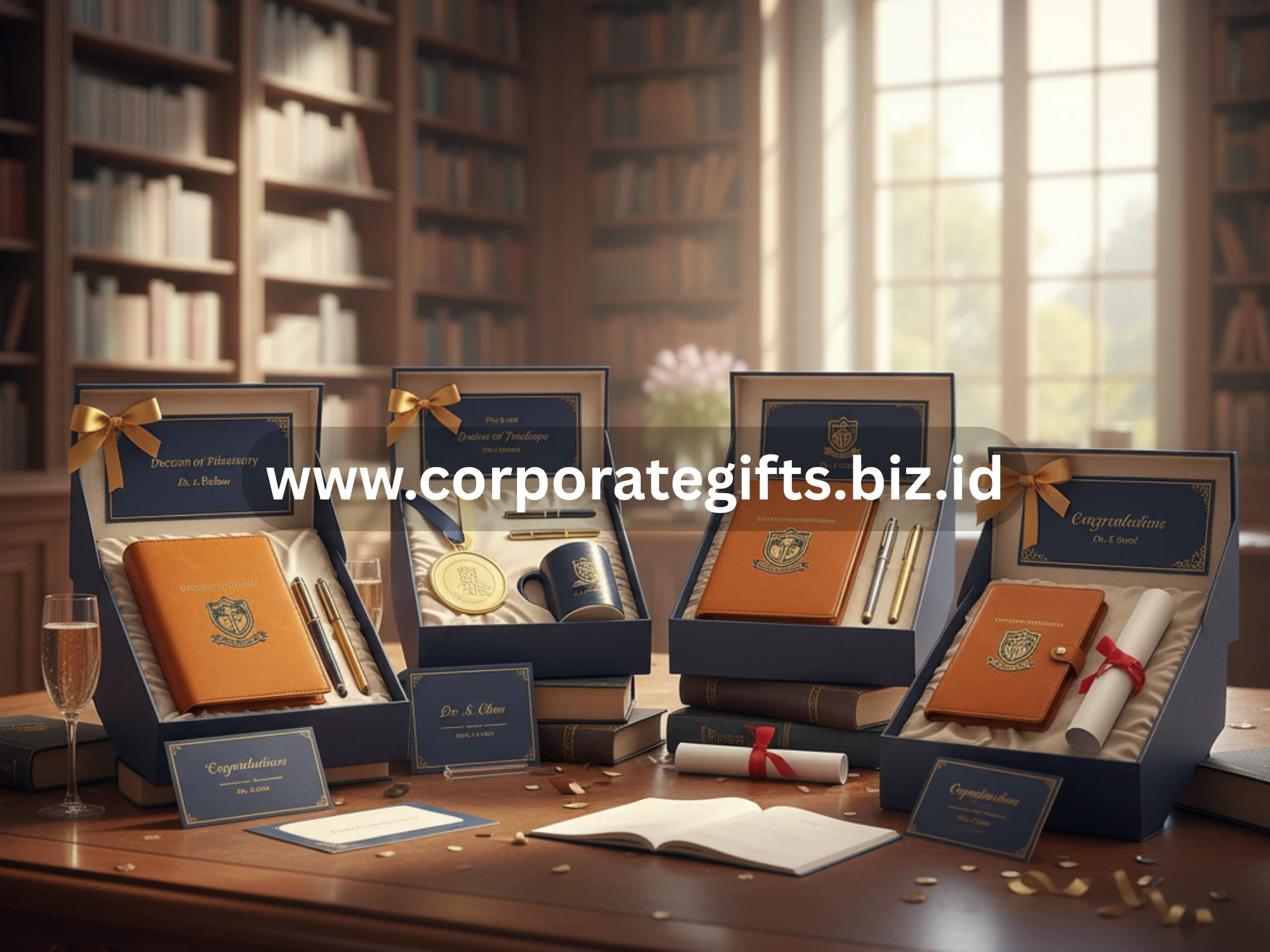 Set hadiah promosi doktor eksklusif dengan kemasan elegan dan personalisasi nama penerima